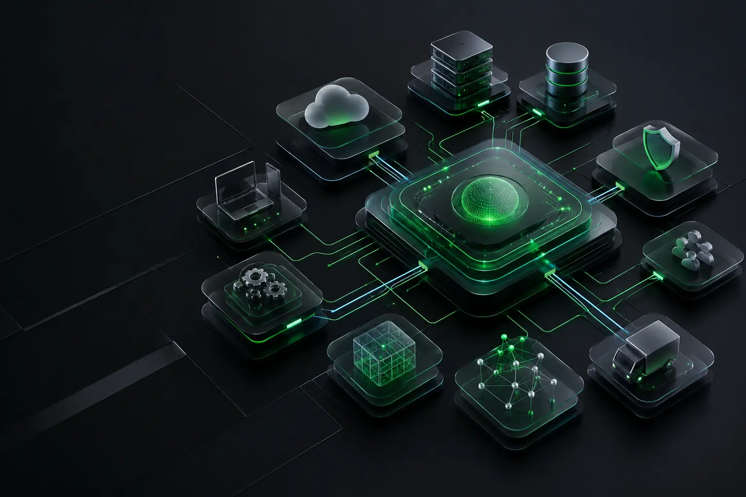 Connected business technology systems converging into one managed operating context.